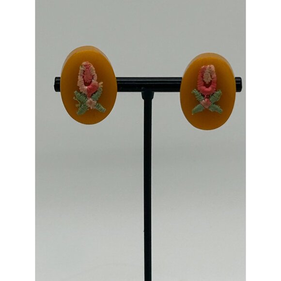 Bakelite Jewelry - Bakelite Clip-On Earrings  Butterscotch Pink & Green Embroidered Floral Vintage